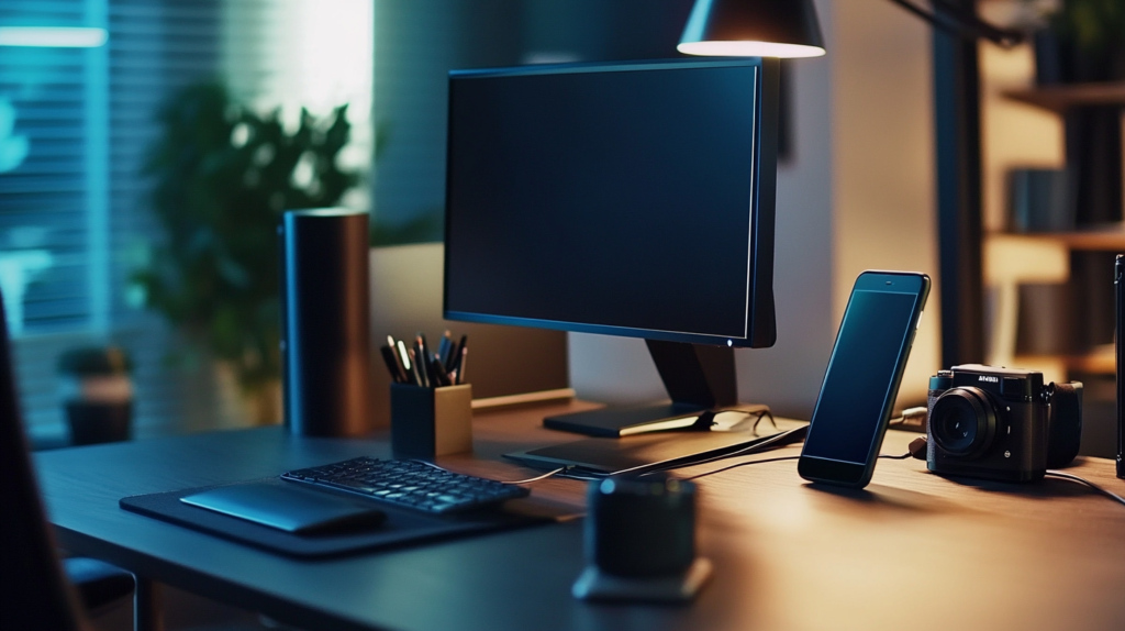 Image of a desk with a smart phone and good quality camera